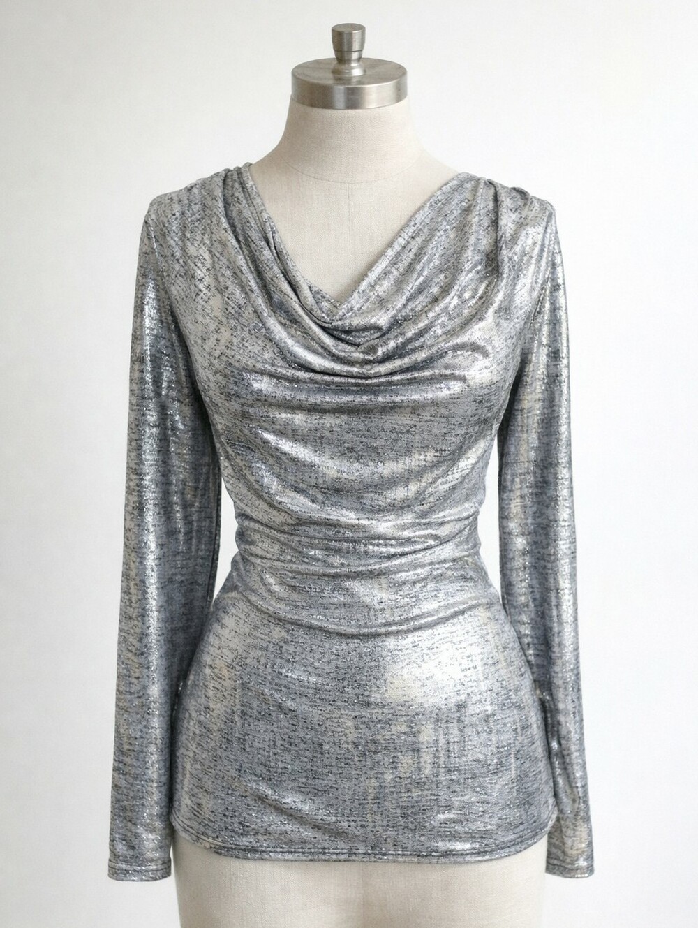Vintage Liquid Silver Cowl Neck Top Long Sleeve Metallic Shimmer Blouse Small